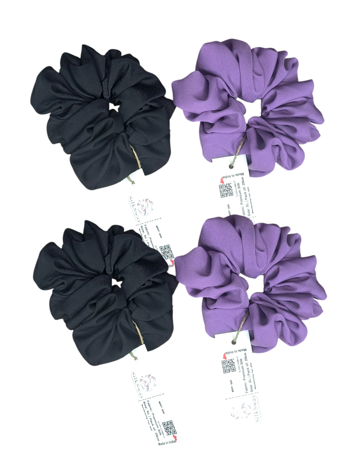 SilkSway by Yaari Collections Premium Satin Oversized Scrunchies Combo – Black & Purple Soft, Stylish & Gentle on Hair – Ideal for College Girls & Working Women