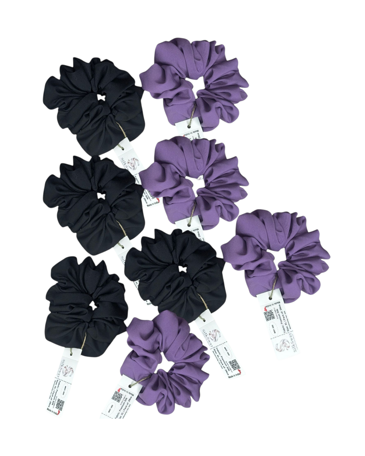 SilkSway by Yaari Collections Premium Satin Oversized Scrunchies Combo – Black & Purple Soft, Stylish & Gentle on Hair – Ideal for College Girls & Working Women