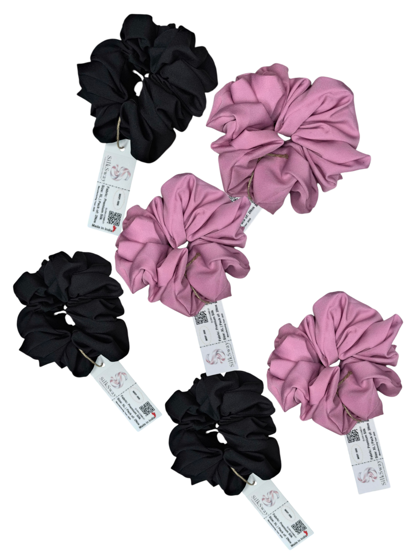 SilkSway by Yaari Collections Premium Satin Oversized Scrunchies Combo โ Black & Pink Soft, Stylish & Gentle on Hair โ Ideal for College Girls & Working Women
