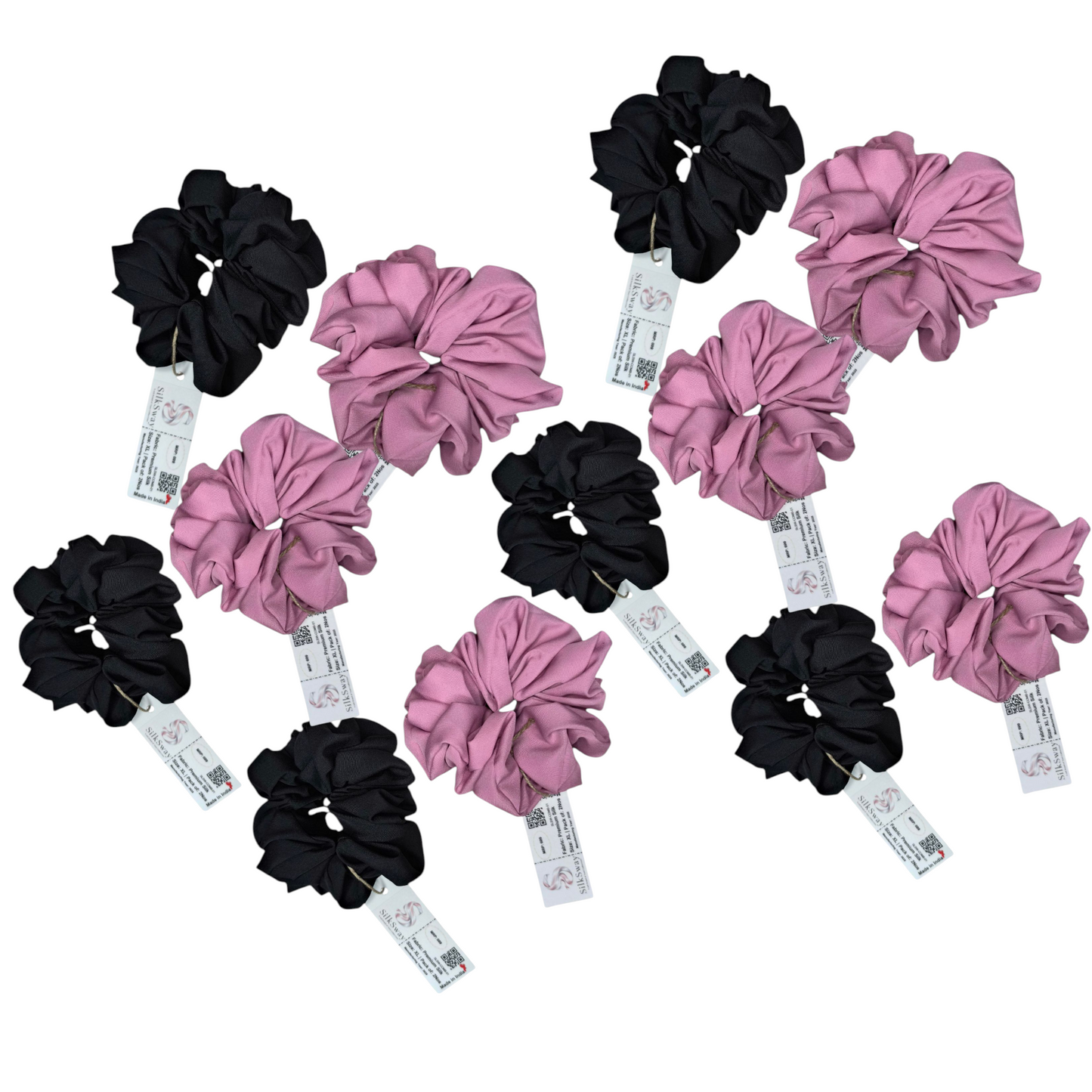 SilkSway by Yaari Collections Premium Satin Oversized Scrunchies Combo โ Black & Pink Soft, Stylish & Gentle on Hair โ Ideal for College Girls & Working Women
