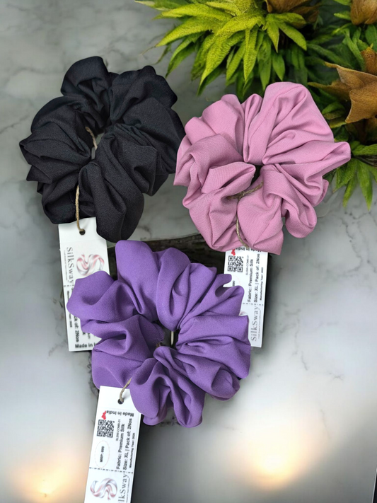 SilkSway Pack of 3 Premium XL Scrunchies – Black, Pink & Purple | Soft & Stretchable Hair Ties for Women & Girls