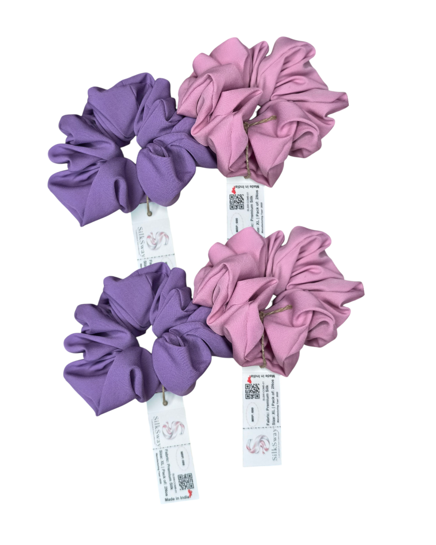 SilkSway by Yaari Collections Premium Satin Oversized Scrunchies Combo – Pink & Purple Soft, Stylish & Gentle on Hair – Ideal for College Girls & Working Women