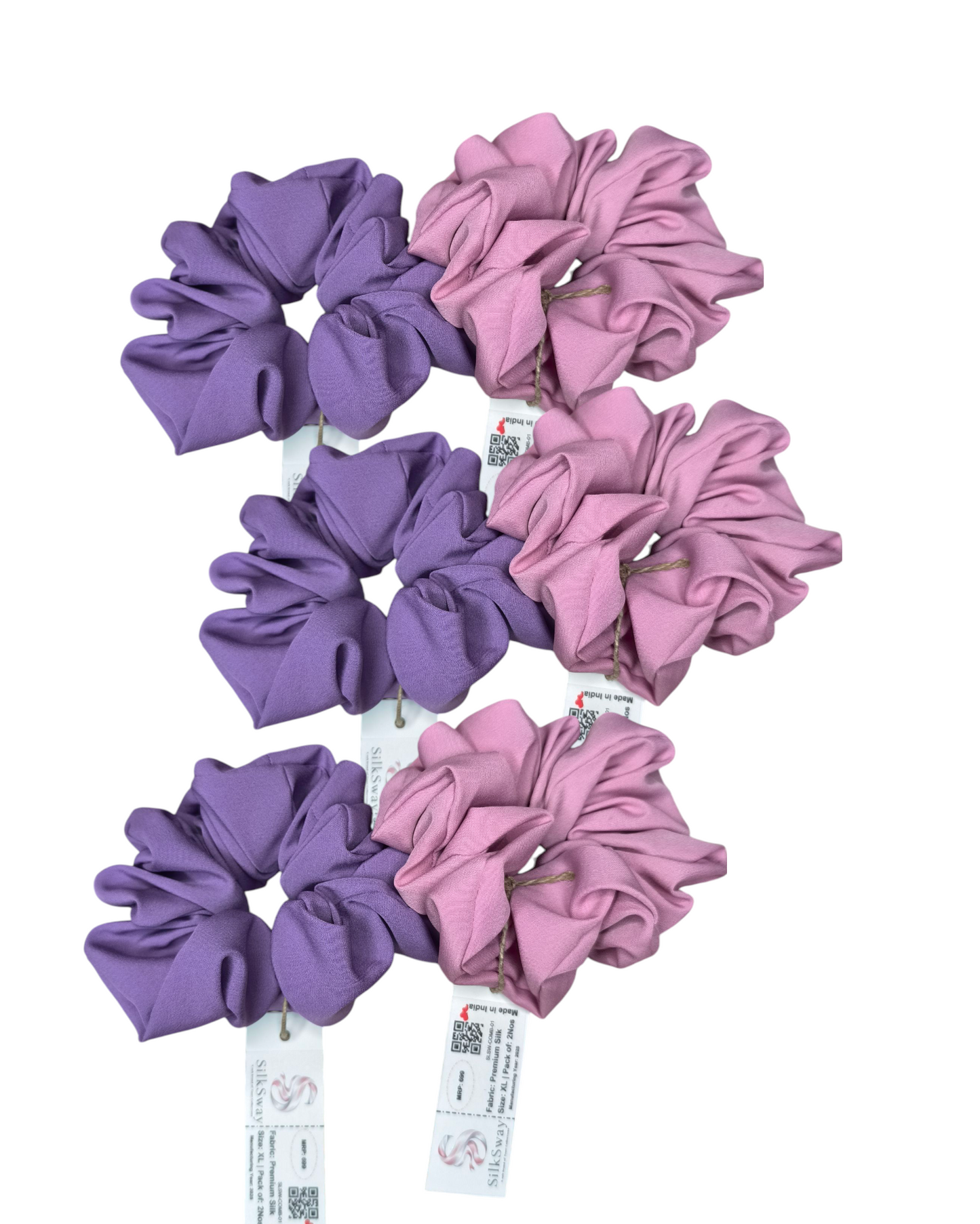 SilkSway by Yaari Collections Premium Satin Oversized Scrunchies Combo – Pink & Purple Soft, Stylish & Gentle on Hair – Ideal for College Girls & Working Women