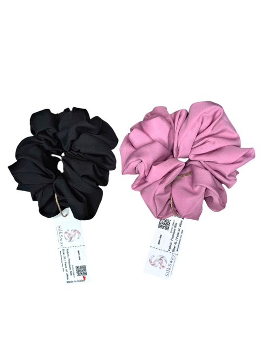 SilkSway by Yaari Collections Premium Satin Oversized Scrunchies Combo – Black & Pink Soft, Stylish & Gentle on Hair – Ideal for College Girls & Working Women