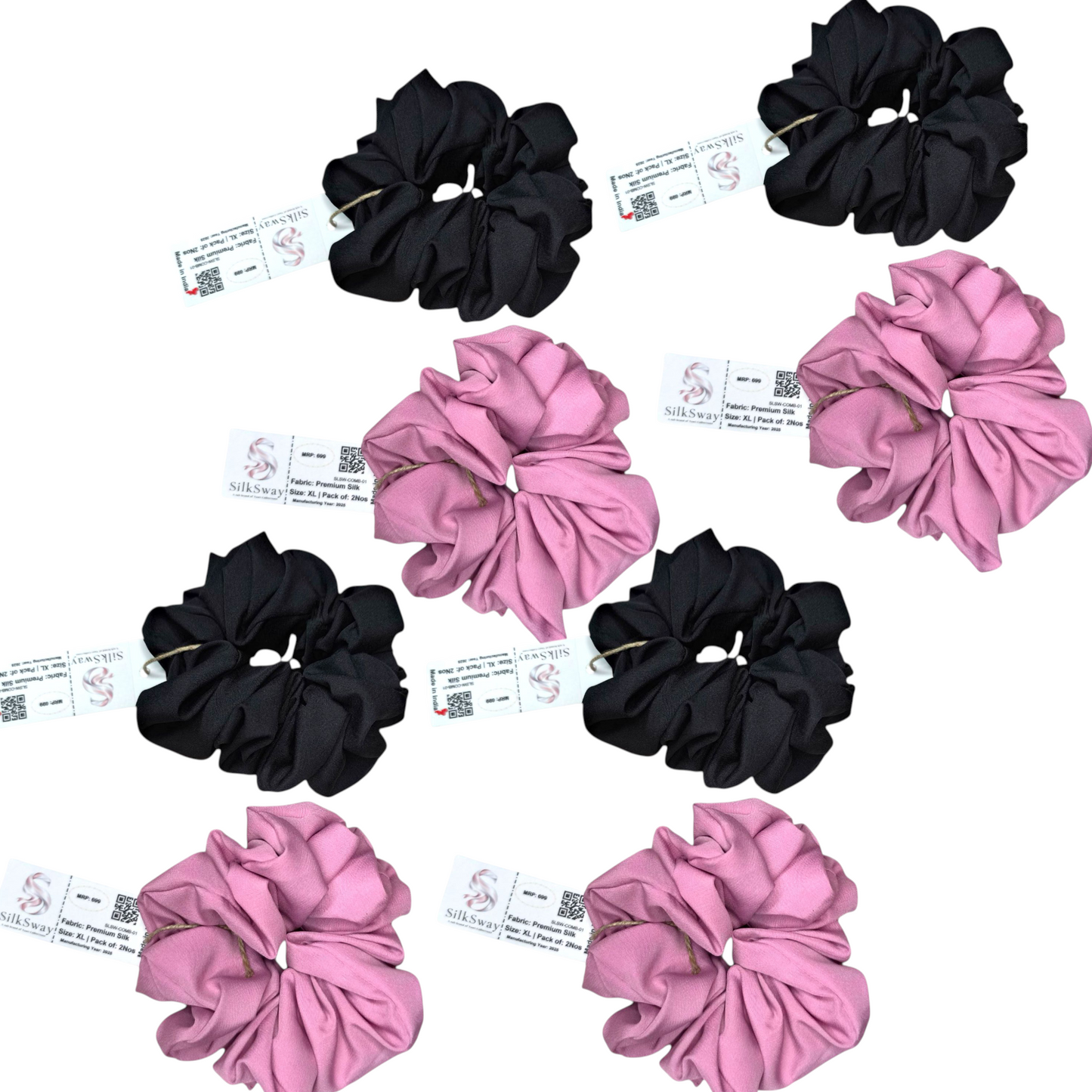 SilkSway by Yaari Collections Premium Satin Oversized Scrunchies Combo – Black & Pink Soft, Stylish & Gentle on Hair – Ideal for College Girls & Working Women