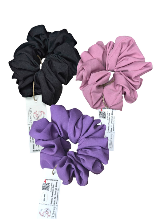 SilkSway Pack of 3 Premium XL Scrunchies – Black, Pink & Purple | Soft & Stretchable Hair Ties for Women & Girls