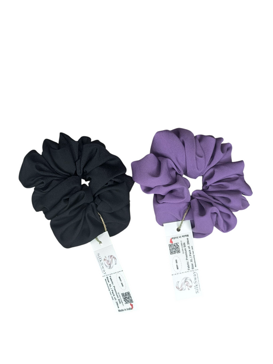 SilkSway by Yaari Collections Premium Satin Oversized Scrunchies Combo – Black & Purple Soft, Stylish & Gentle on Hair – Ideal for College Girls & Working Women