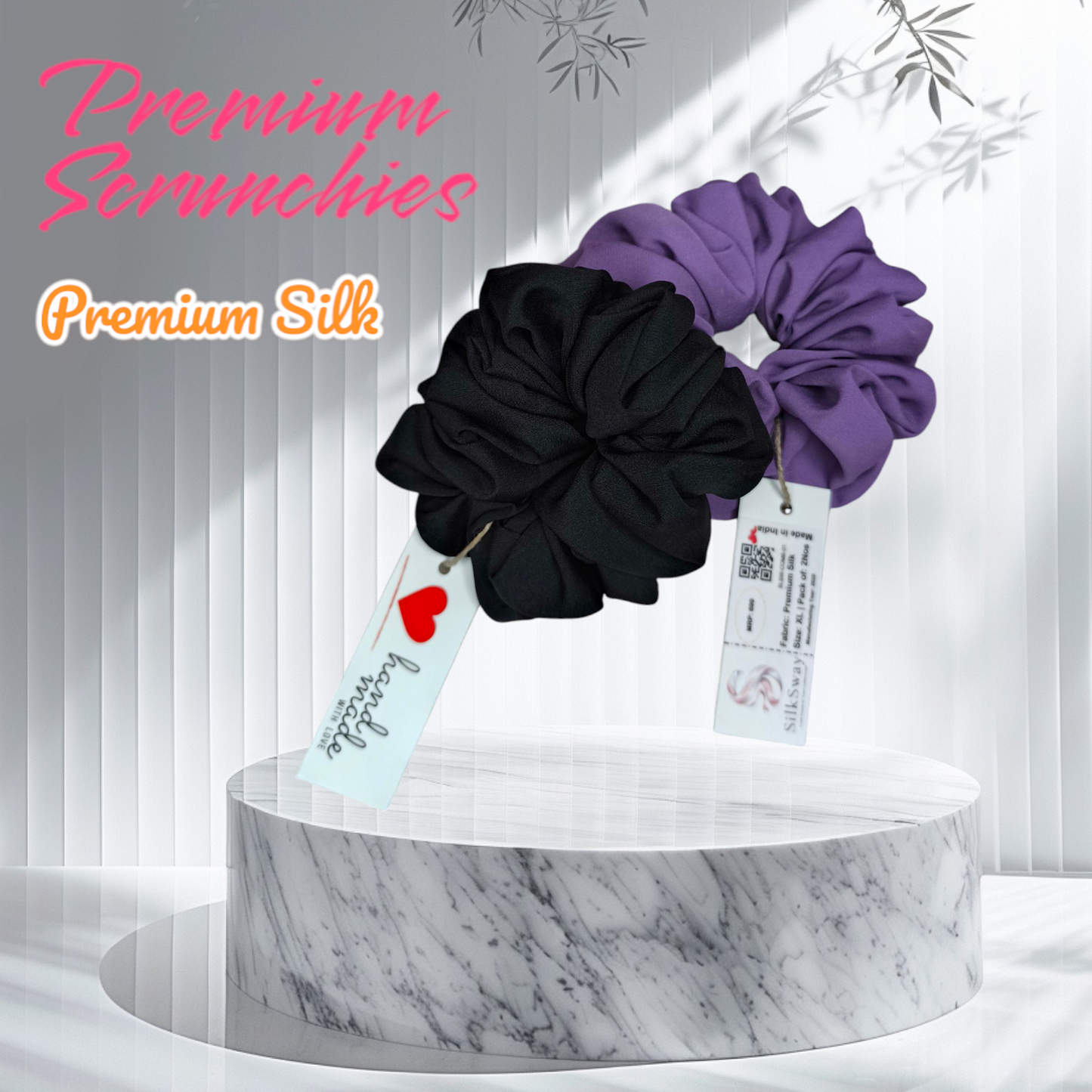 SilkSway by Yaari Collections Premium Satin Oversized Scrunchies Combo – Black & Purple Soft, Stylish & Gentle on Hair – Ideal for College Girls & Working Women