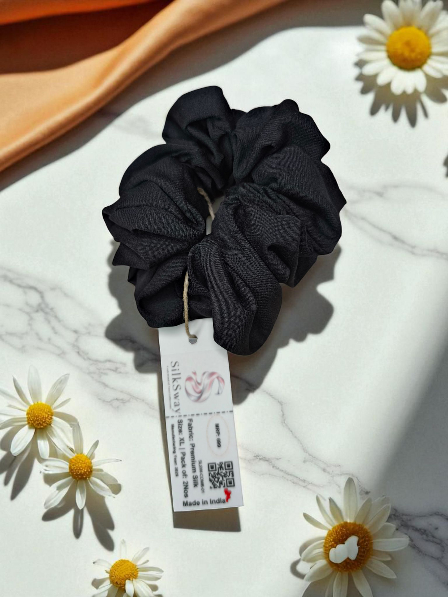 SilkSway Black XL Scrunchies | Premium Silk Satin Scrunchies | XL