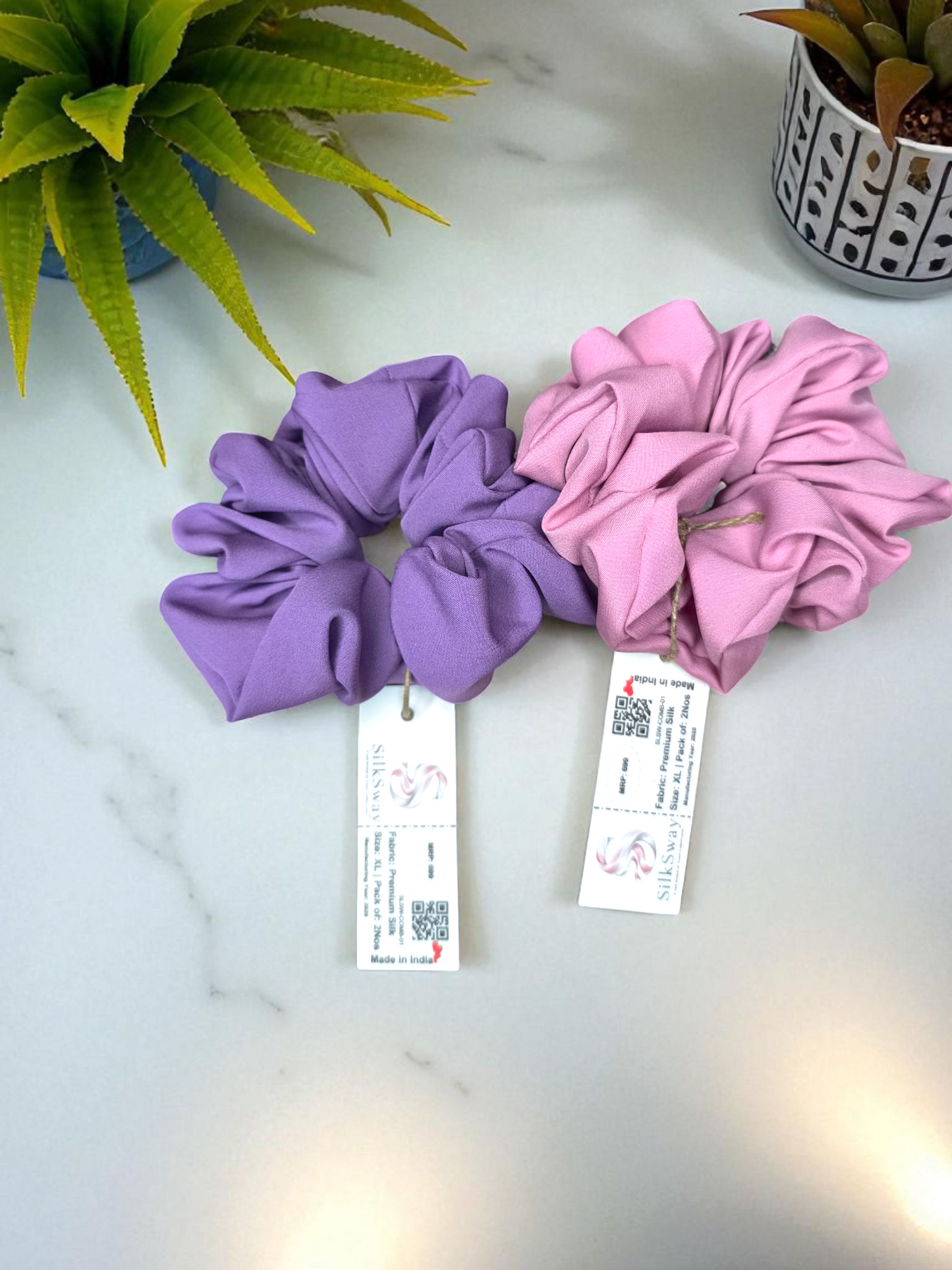 SilkSway by Yaari Collections Premium Satin Oversized Scrunchies Combo – Pink & Purple Soft, Stylish & Gentle on Hair – Ideal for College Girls & Working Women